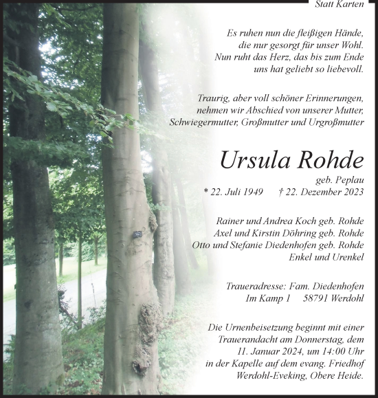 Traueranzeige von Ursula Rohde von Tageszeitung