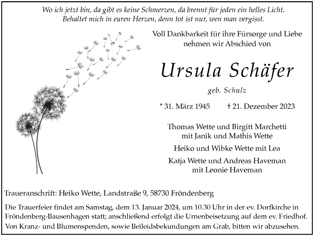  Traueranzeige für Ursula Schäfer vom 06.01.2024 aus Tageszeitung