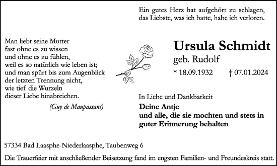 Traueranzeige von Ursula Schmidt von Tageszeitung