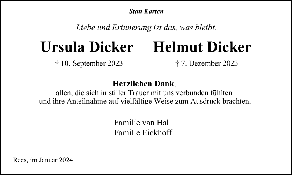  Traueranzeige für Ursula und Helmut Dicker vom 13.01.2024 aus Tageszeitung