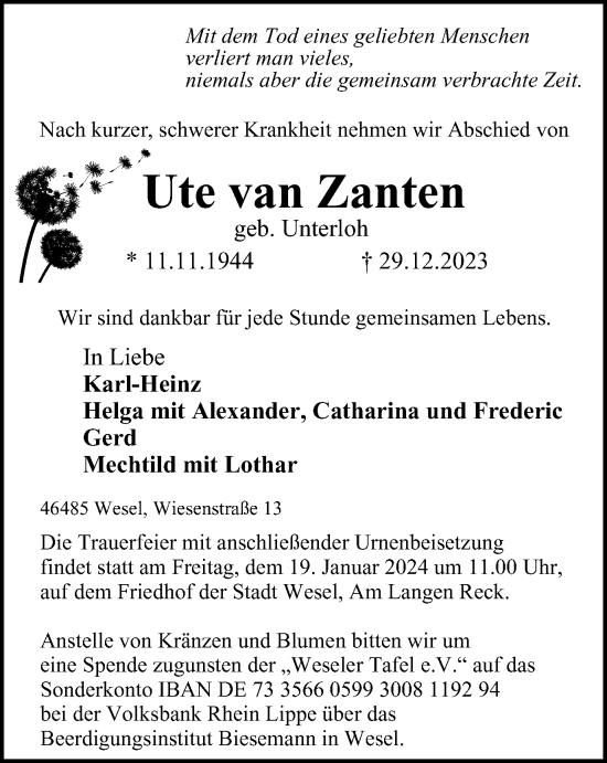 Traueranzeige von Ute van Zanten von Tageszeitung