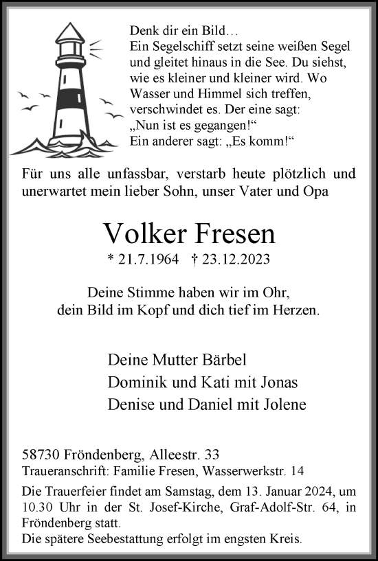 Traueranzeige von Volker Fresen von Tageszeitung