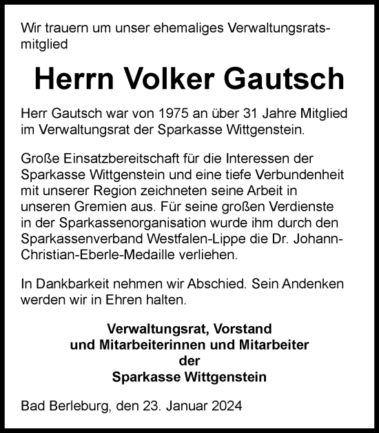 Traueranzeige von Volker Gautsch von Tageszeitung