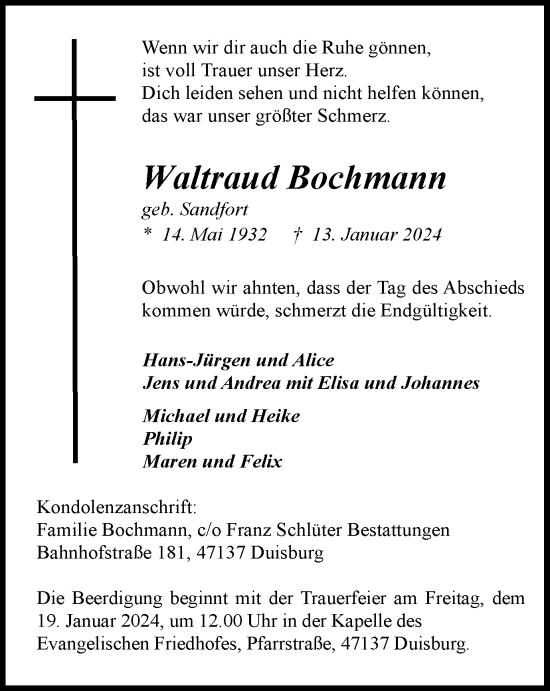 Traueranzeige von Waltraud Bochmann von Tageszeitung
