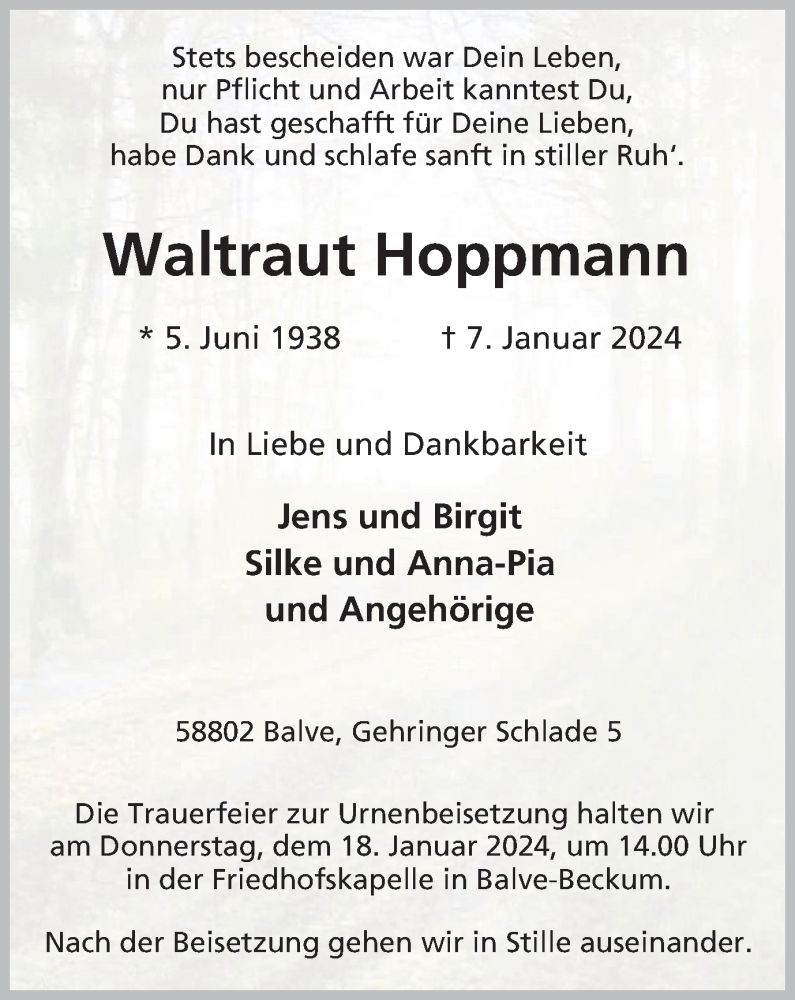  Traueranzeige für Waltraut Hoppmann vom 13.01.2024 aus Tageszeitung