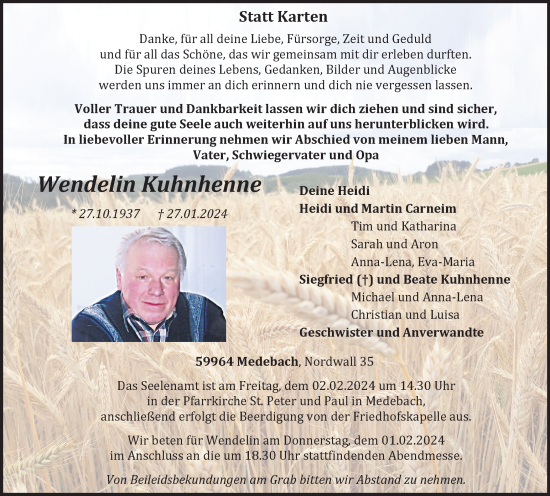 Traueranzeige von Wendelin Kuhnhenne von Tageszeitung