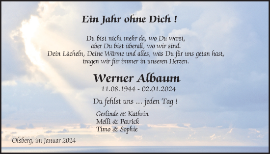 Traueranzeige von Werner Albaum von Tageszeitung