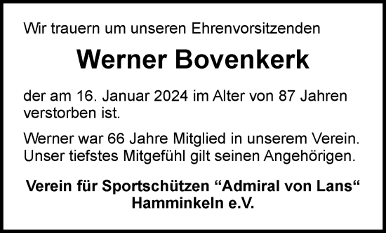 Traueranzeige von Werner Bovenkerk von Tageszeitung