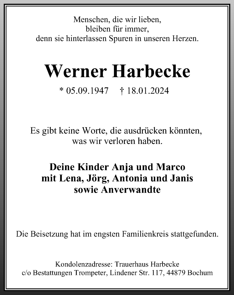  Traueranzeige für Werner Harbecke vom 27.01.2024 aus Tageszeitung