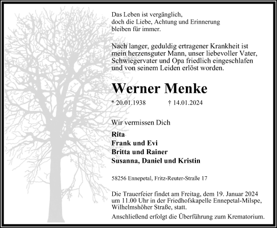 Traueranzeige von Werner Menke von Tageszeitung
