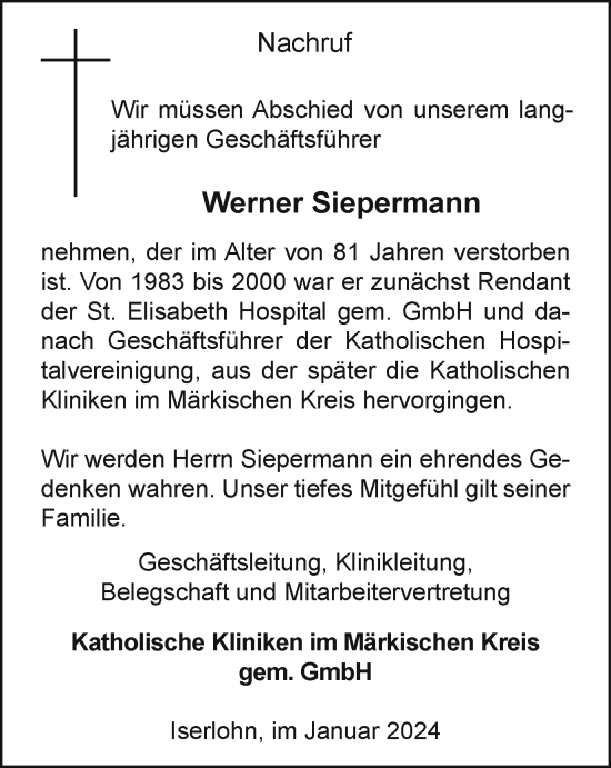 Traueranzeige von Werner Siepermann von Tageszeitung