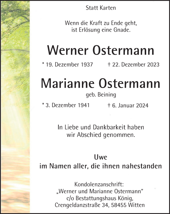 Traueranzeige von Werner und Marianne Ostermann von Tageszeitung