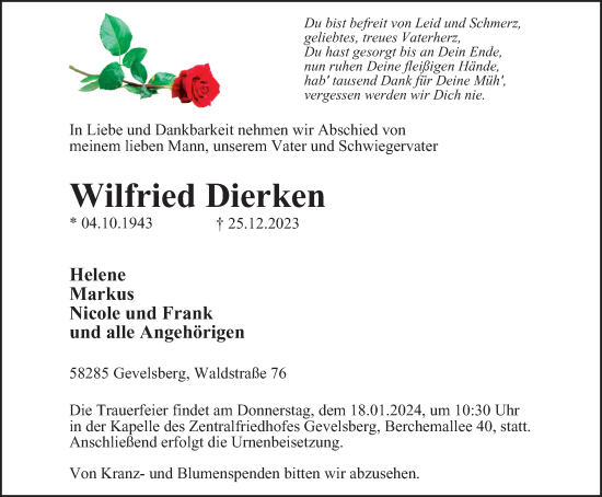 Traueranzeige von Wilfried Dierken von Tageszeitung