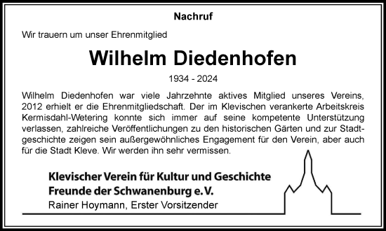 Traueranzeige von Wilhelm Diedenhofen von Tageszeitung