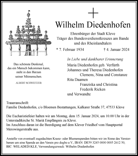 Traueranzeige von Wilhelm Diedenhofen von Tageszeitung