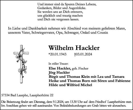 Traueranzeige von Wilhelm Hackler von Tageszeitung