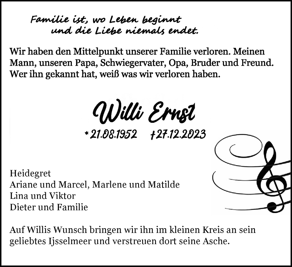  Traueranzeige für Willi Ernst vom 20.01.2024 aus Tageszeitung