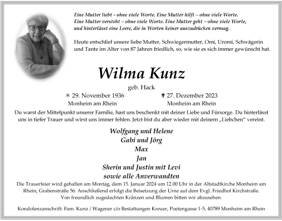 Traueranzeige von Wilma Kunz von Tageszeitung