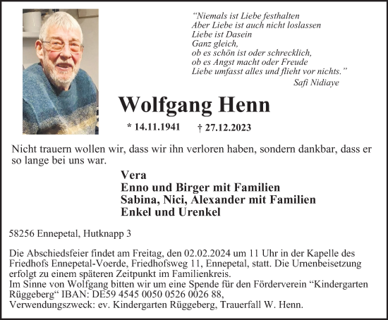 Traueranzeige von Wolfgang Henn von Tageszeitung