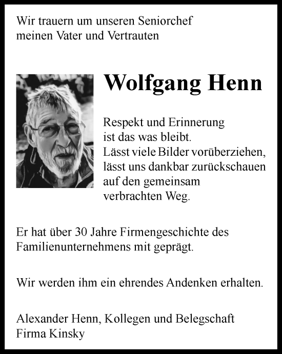 Traueranzeige von Wolfgang Henn von Tageszeitung