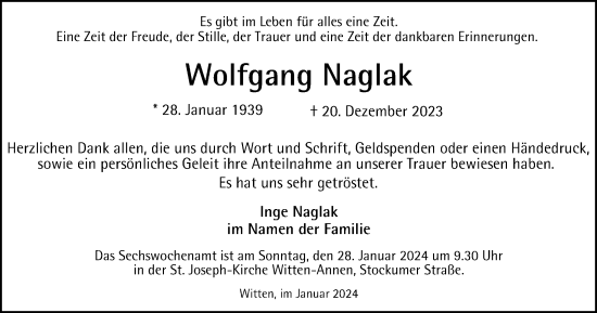 Traueranzeige von Wolfgang Naglak von Tageszeitung