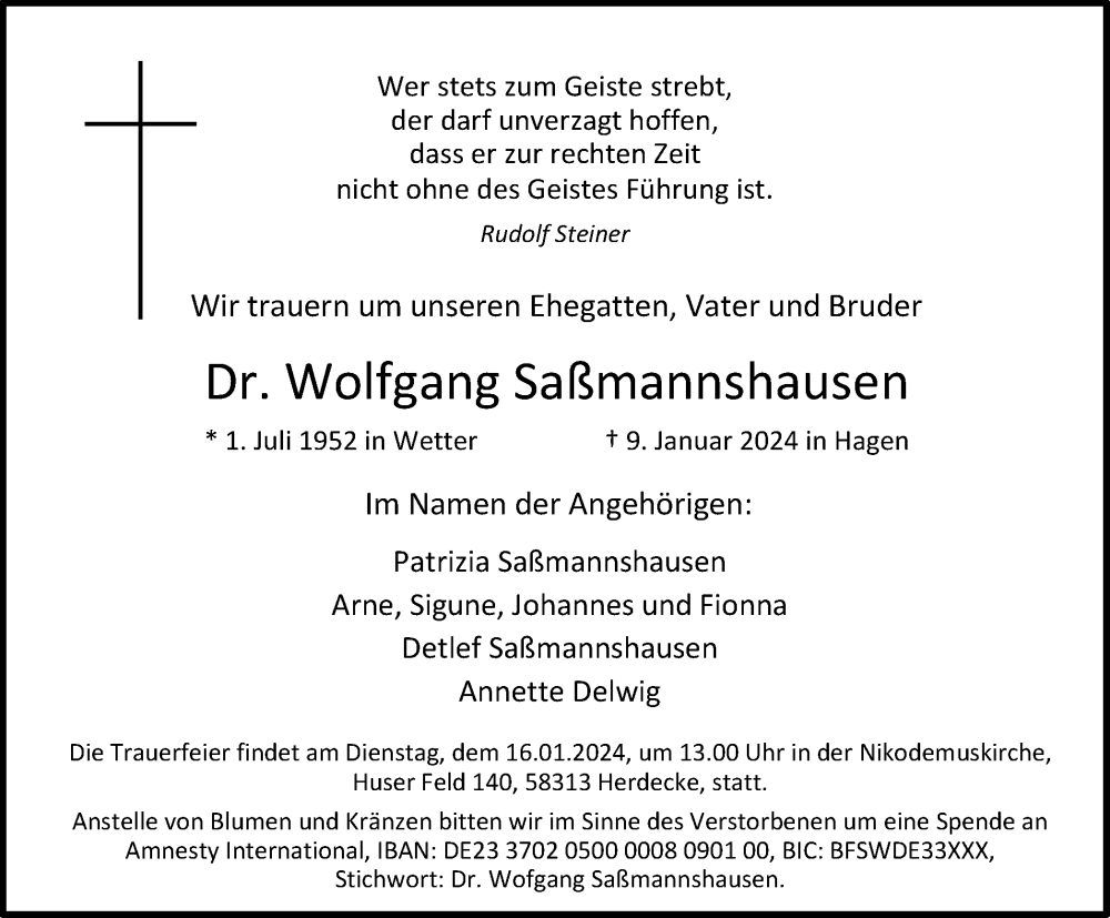  Traueranzeige für Wolfgang Saßmannshausen vom 13.01.2024 aus Tageszeitung