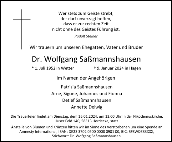 Traueranzeige von Wolfgang Saßmannshausen von Tageszeitung