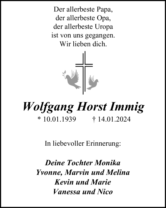 Traueranzeige von Wolfgang Horst Immig von Tageszeitung