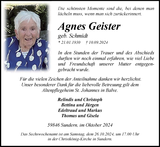 Traueranzeige von Agnes Geister von Tageszeitung