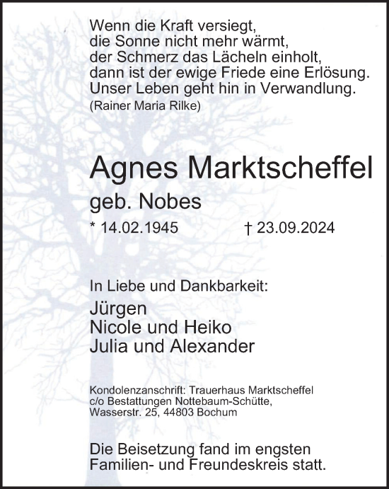 Traueranzeige von Agnes Marktscheffel von Tageszeitung