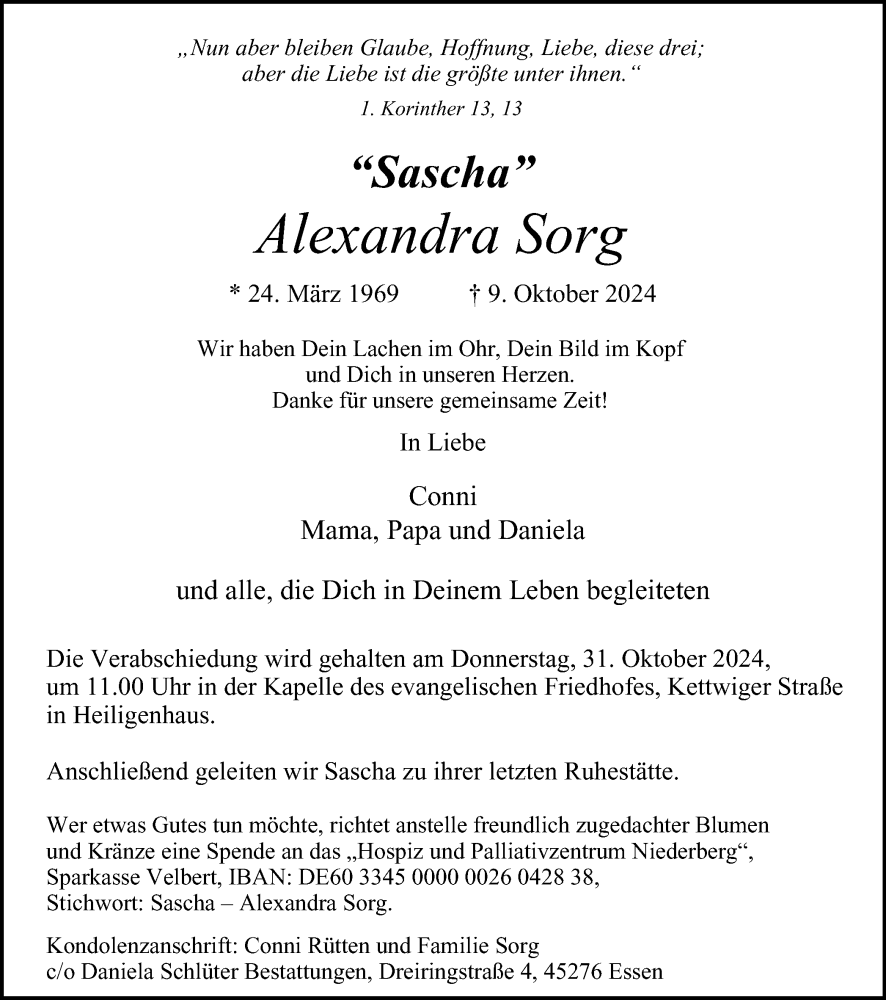  Traueranzeige für Alexandra Sorg vom 26.10.2024 aus Tageszeitung