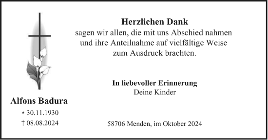 Traueranzeige von Alfons Badura von Tageszeitung
