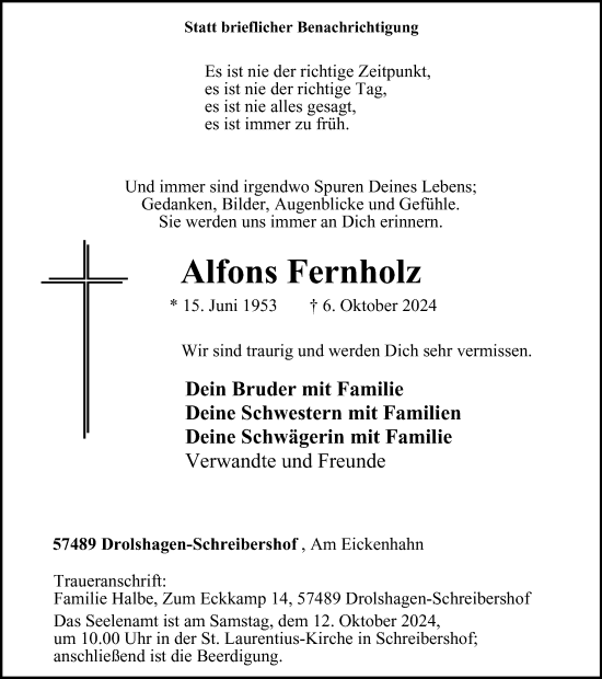Traueranzeige von Alfons Fernholz von Tageszeitung