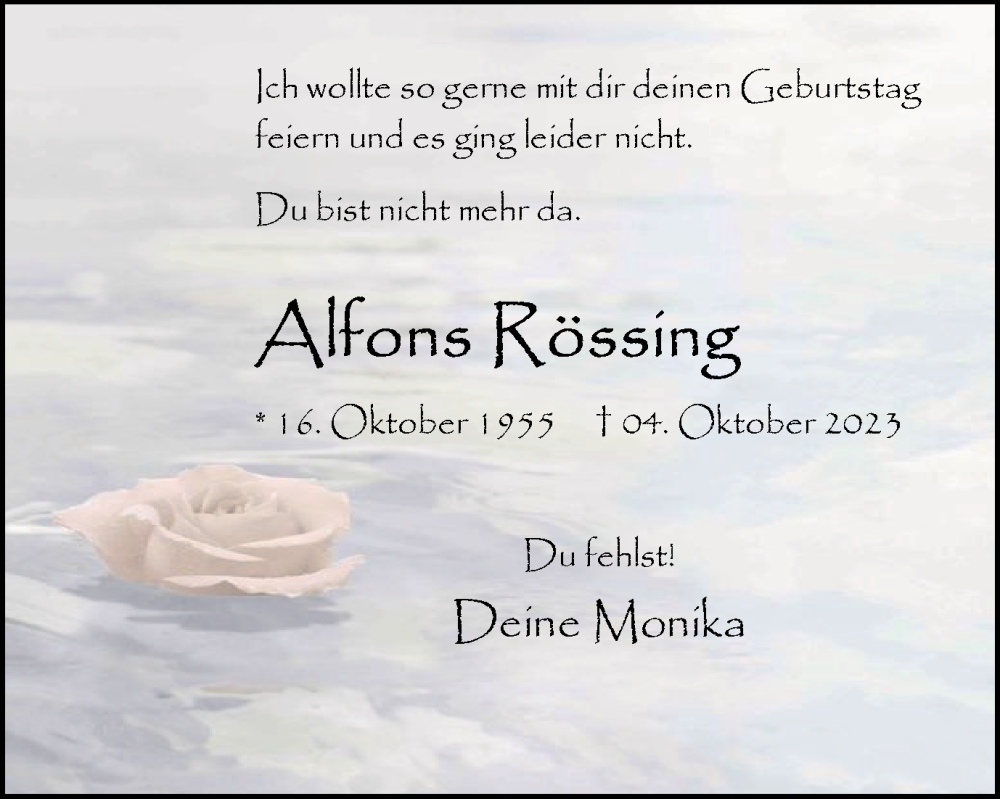  Traueranzeige für Alfons Rössing vom 19.10.2024 aus Tageszeitung