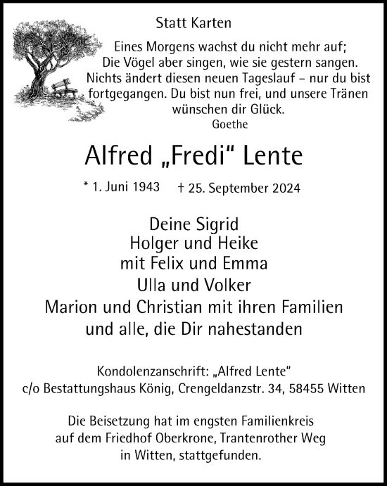 Traueranzeige von Alfred Lente von Tageszeitung