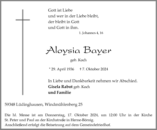 Traueranzeige von Aloysia Bayer von Tageszeitung