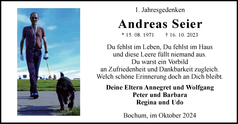  Traueranzeige für Andreas Seier vom 19.10.2024 aus Tageszeitung