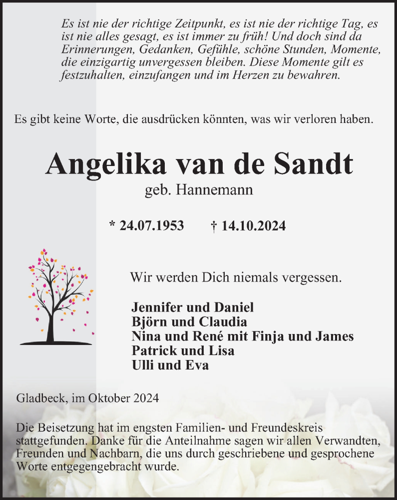  Traueranzeige für Angelika van de Sandt vom 26.10.2024 aus Tageszeitung