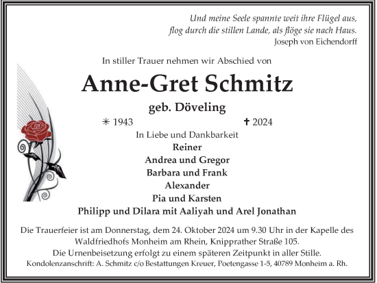 Traueranzeige von Anne-Gret Schmitz von Tageszeitung