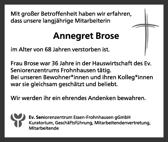 Traueranzeige von Annegret Brose von Tageszeitung