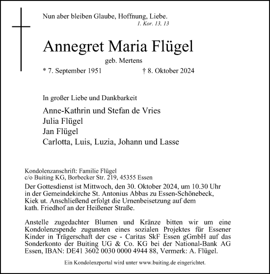 Traueranzeige von Annegret Maria Flügel von Tageszeitung