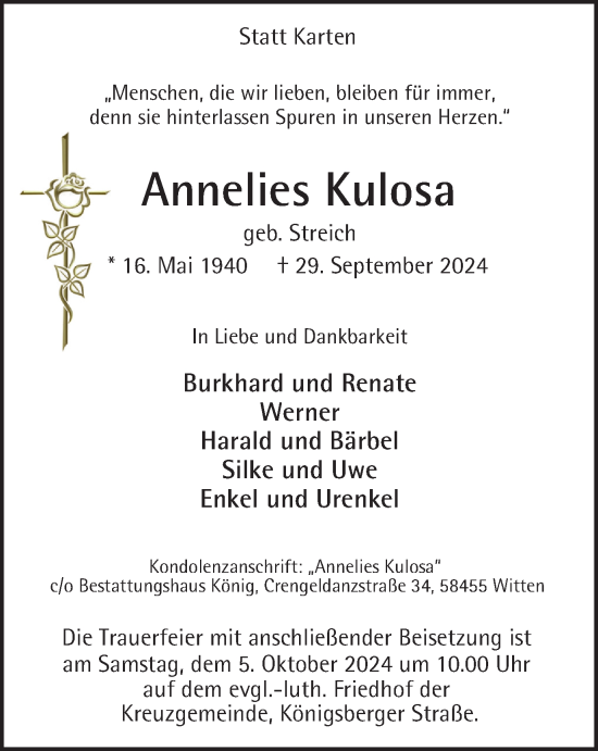 Traueranzeige von Annelies Kulosa von Tageszeitung