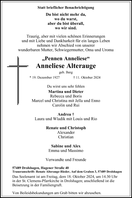 Traueranzeige von Anneliese Alterauge von Tageszeitung