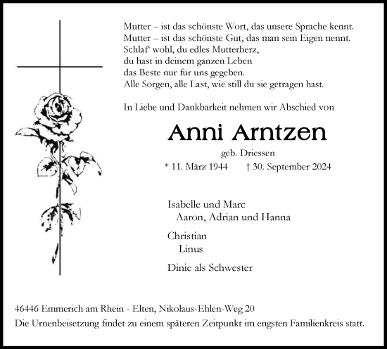 Traueranzeige von Anni Arntzen von Tageszeitung