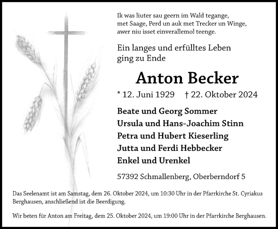 Traueranzeige von Anton Becker von Tageszeitung