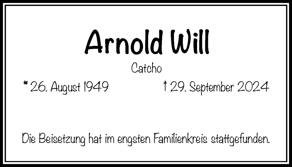  Traueranzeige für Arnold Will vom 31.10.2024 aus Tageszeitung