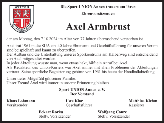 Traueranzeige von Axel Armbrust von Tageszeitung