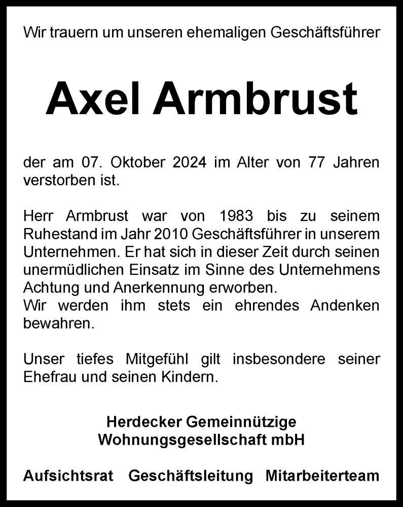  Traueranzeige für Axel Armbrust vom 12.10.2024 aus Tageszeitung