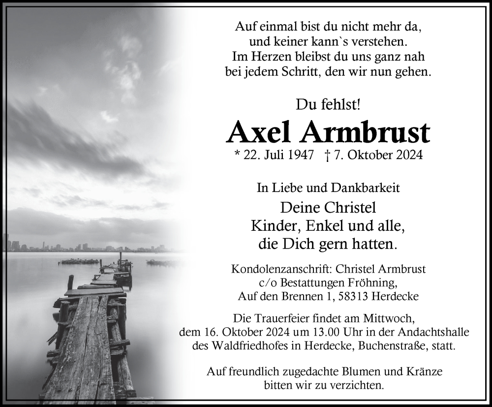  Traueranzeige für Axel Armbrust vom 12.10.2024 aus Tageszeitung