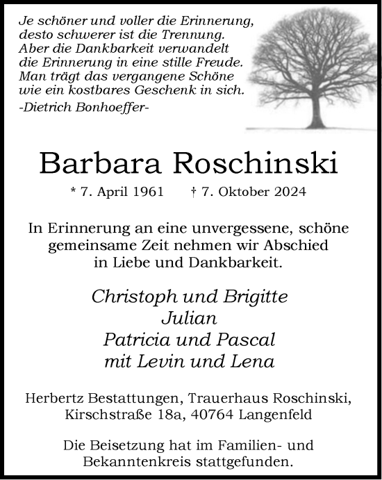 Traueranzeige von Barbara Roschinski von Tageszeitung